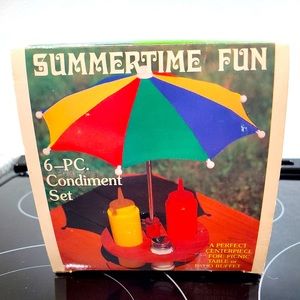 Vintage 1985 Summer Time 6-PC Condiment Wooden Picnic Table Set, Made In Taiwan